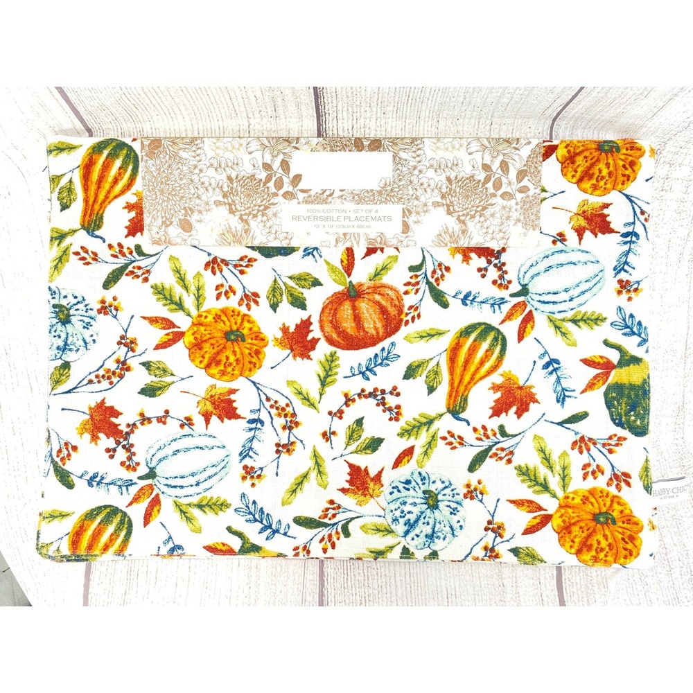 Shabby Chic Placemats (4) 13x19 Pumpkin Plaid Cotton Reversible Thanksgiving